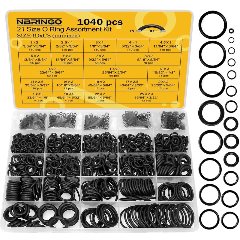 NBRINGO 1040 PCS 21 Size O Ring Assortment Kit, Industrial-Grade Nitrile Rubber O-Rings for Automotive Repairs, Kitchen Faucets, Pressure Washers and Assorted Plumbing - Durable & Oil Resistant - Image 1